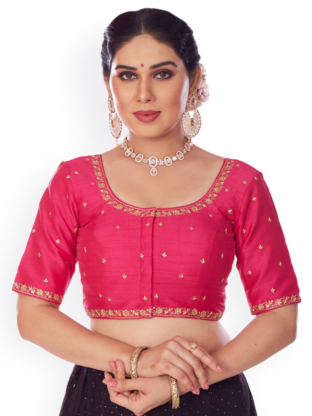 

Mmore Embroidered Round Neck Saree Blouse, Pink