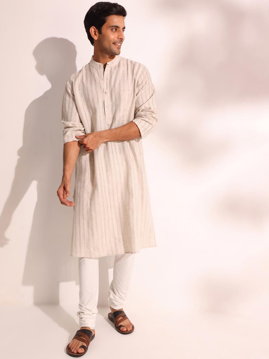 

Fabindia Striped Band Collar Linen Straight Kurta, Beige