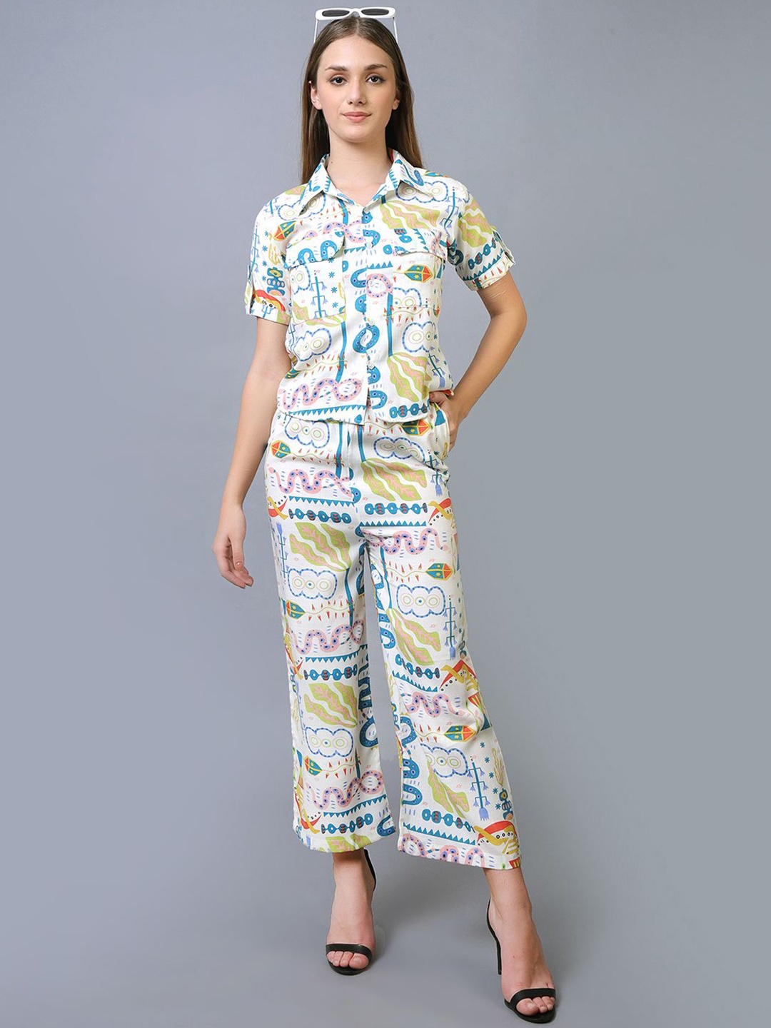 

Xivir Women Abstract Printed Shirt Collar With Trousers Co-Ords, White