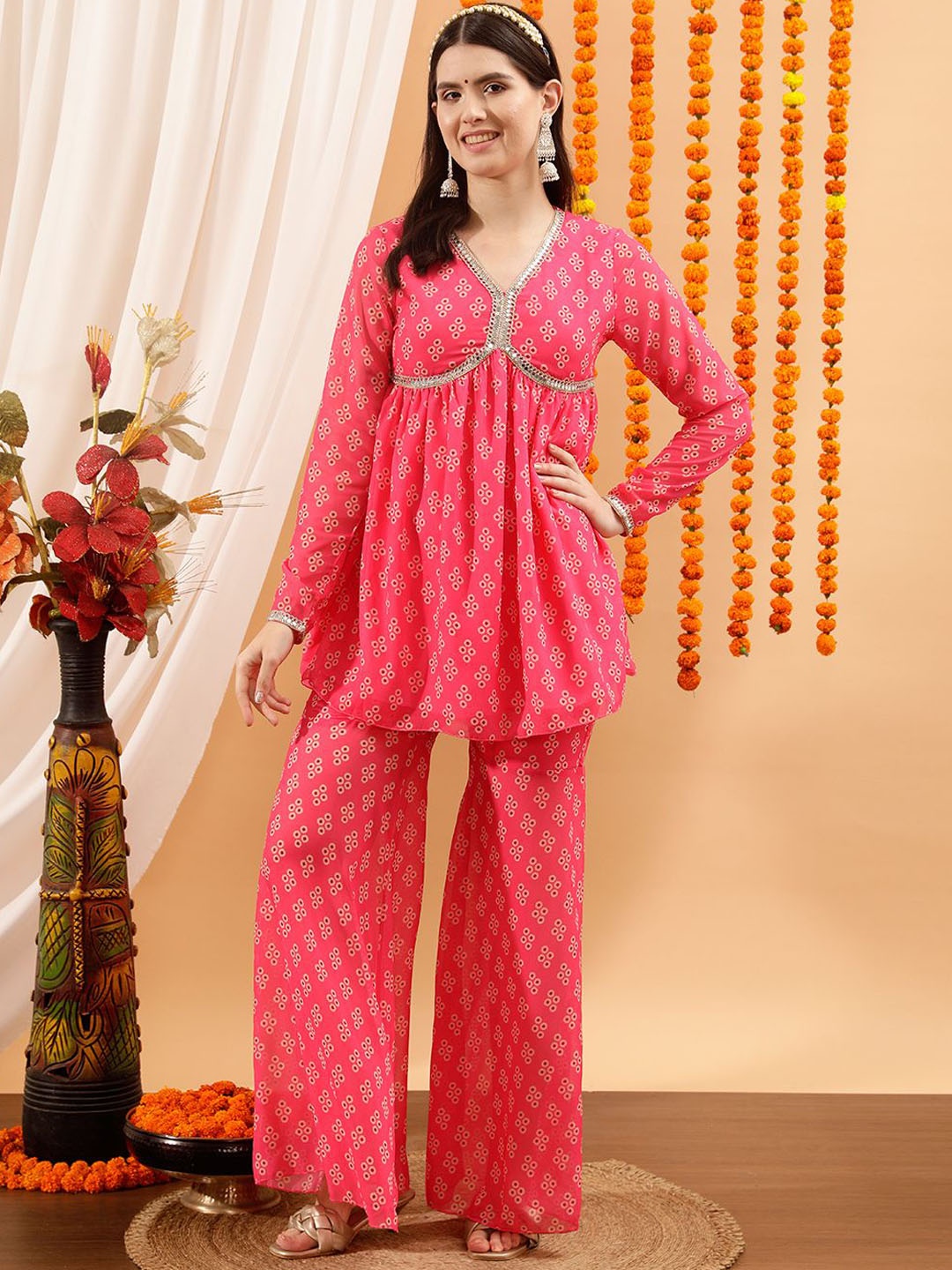 

indo street Women Floral Printed Empire Mirror Work Kurti with Sharara, Pink