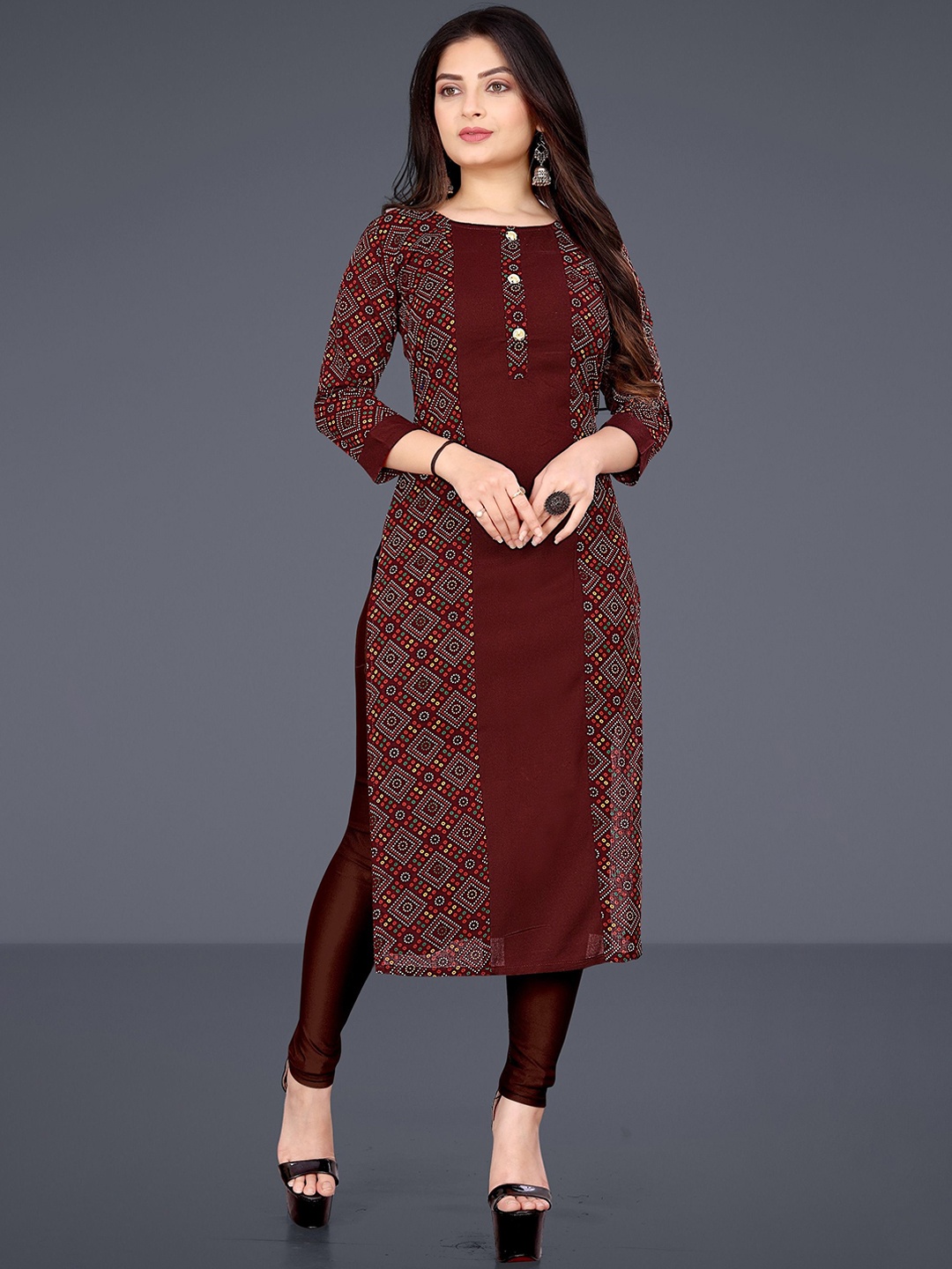 

FANTASY FAB Bandhanin Printed Round Neck Straight Kurta, Maroon