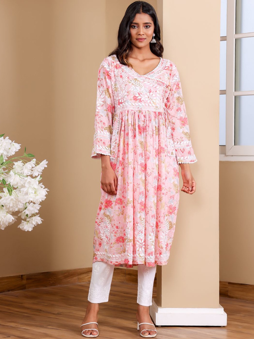 

Chowkhat Floral Printed Pleated Chikankari Cotton A-Line Kurta, Pink