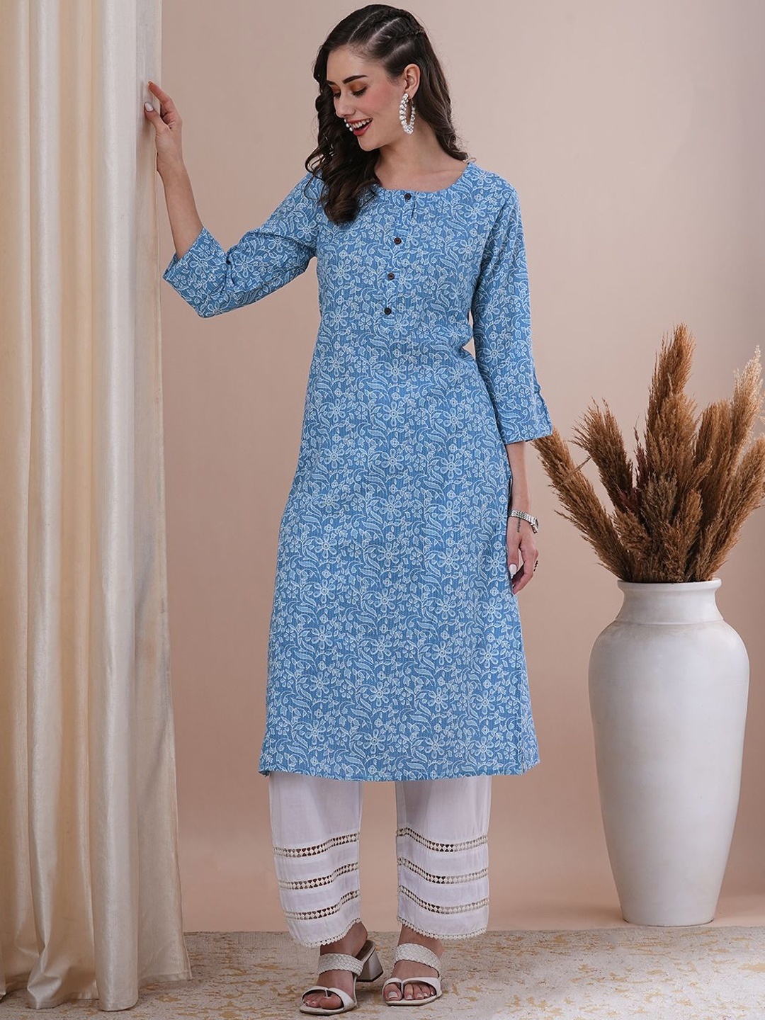 

FASHOR Floral Printed Cotton Straight Kurta, Blue