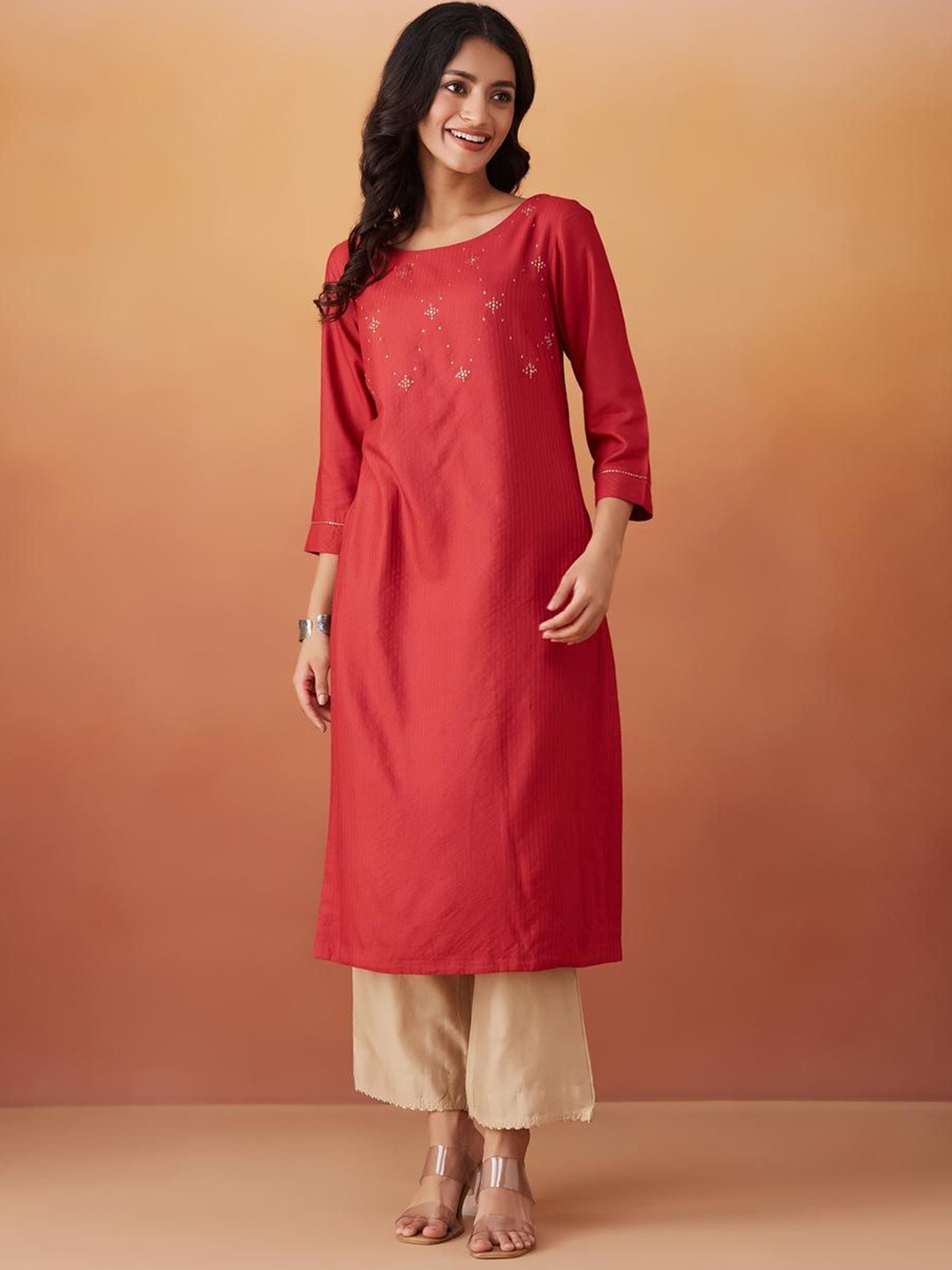 

Fabindia Striped Sequins Straight Kurta, Red