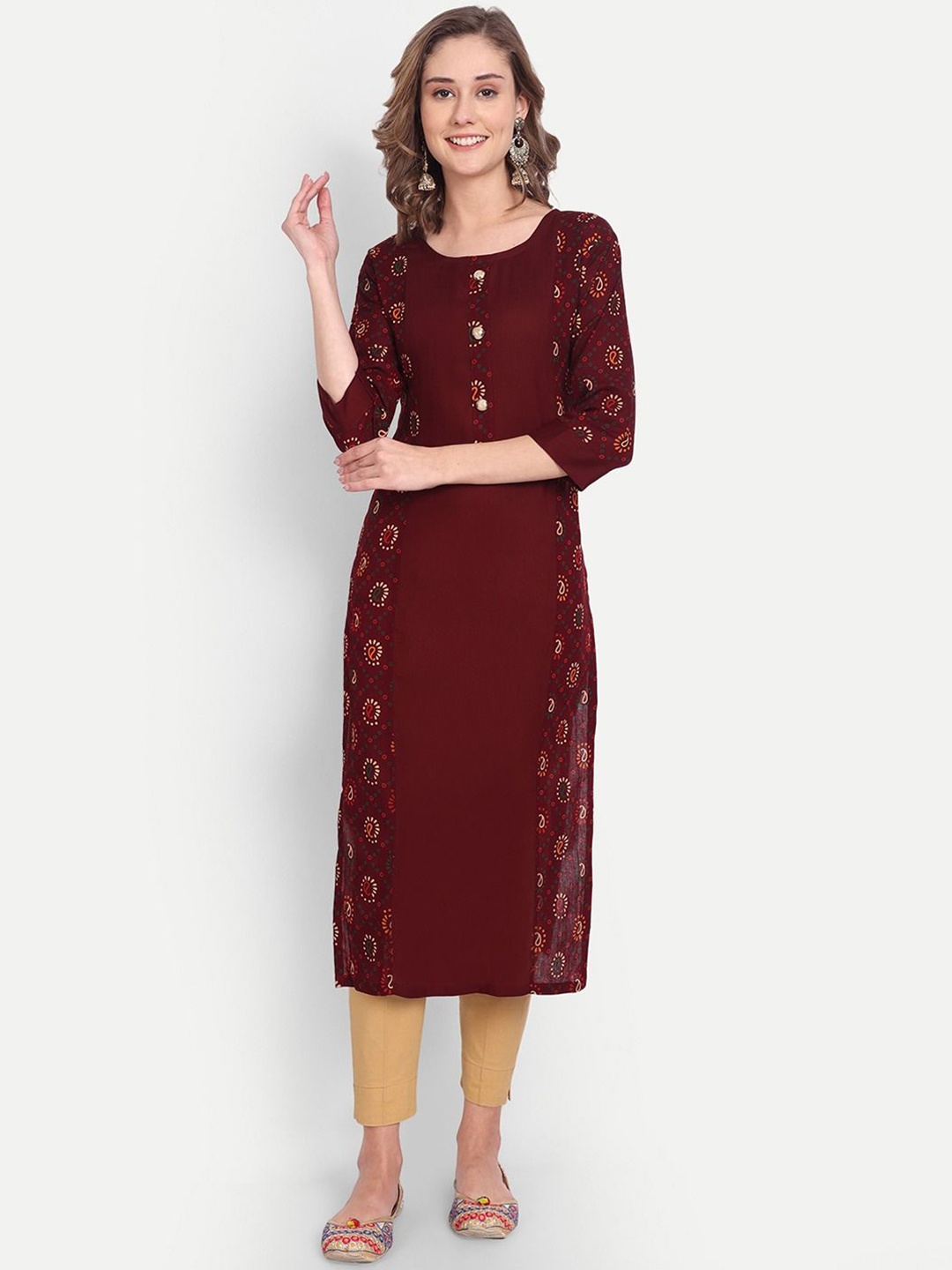 

FANTASY FAB Ethnic Motifs Printed Round Neck Straight Kurta, Coffee brown