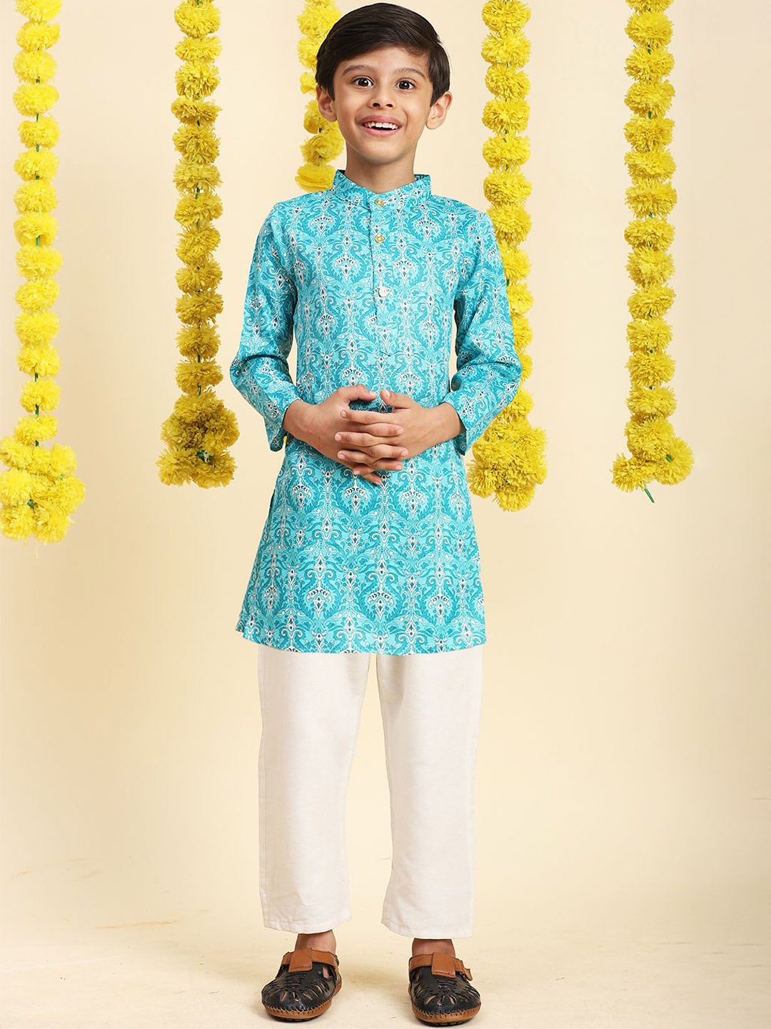 

Cutiekins Boys Ethnic Motifs Printed Band Collar Pure Cotton Straight Kurta With Pyjamas, Turquoise blue