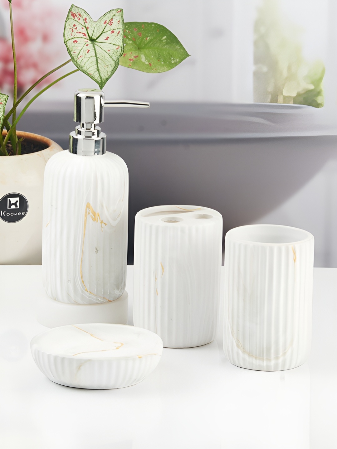 

Kookee White 4 piece Abstract Ceramic Bath Accessories Set
