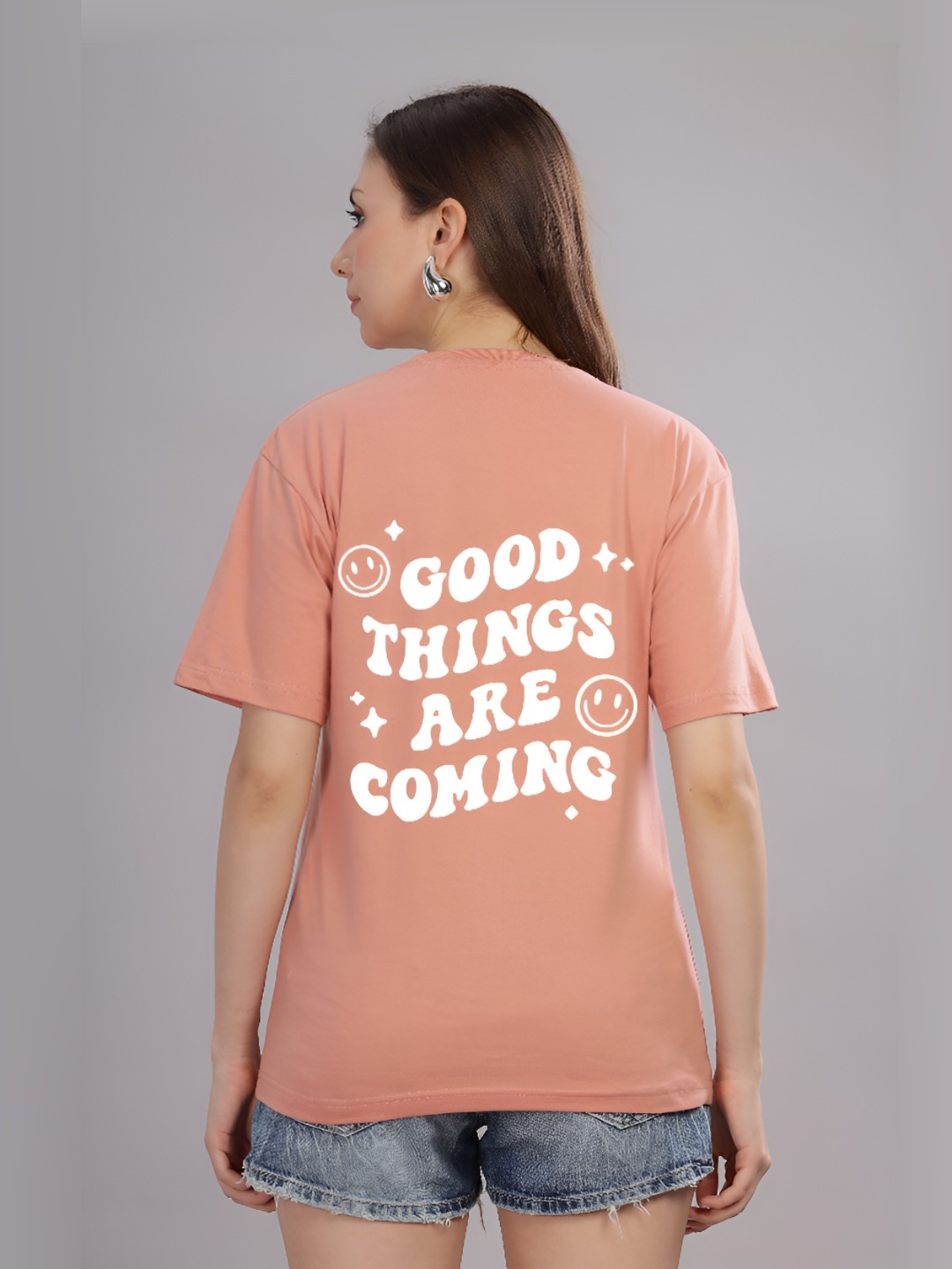 

FALTU.CO Women Printed Drop-Shoulder Sleeves Pure Cotton T-shirt, Peach