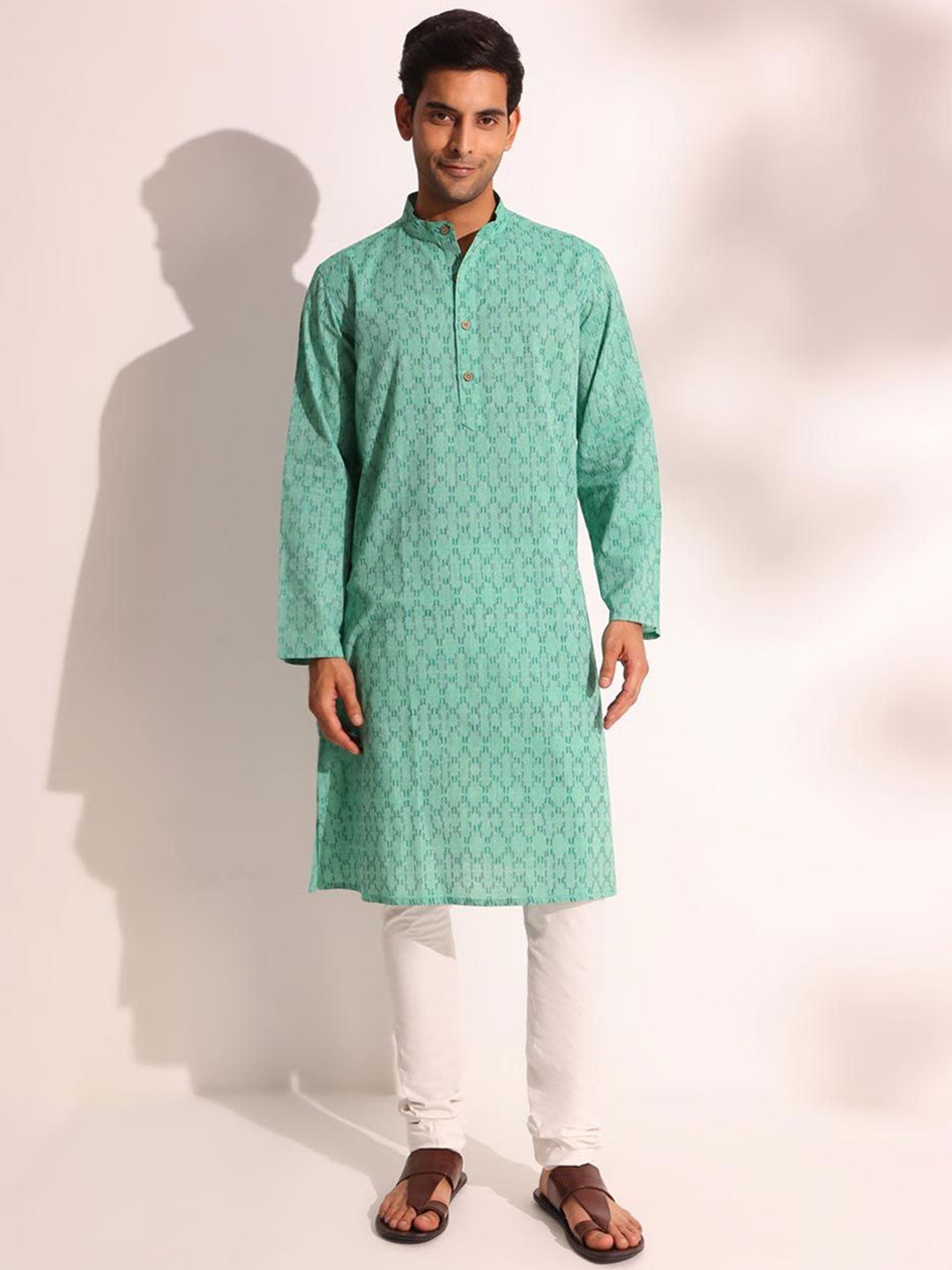 

Fabindia Ethnic Motifs Printed Mandarin Collar Cotton Straight Kurta, Green