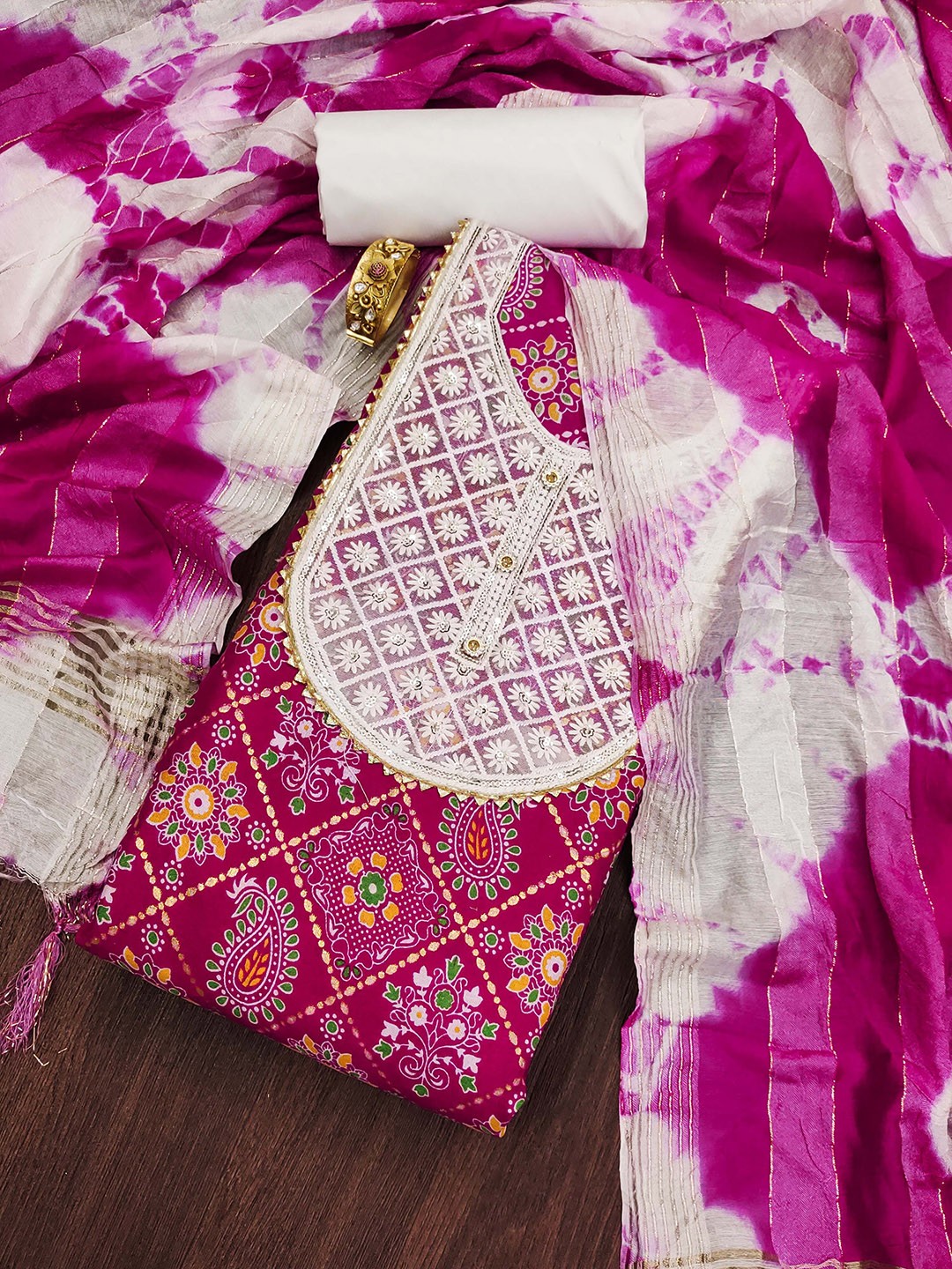 

KALINI Ethnic Motifs Embroidered Sequinned Pure Cotton Unstitched Dress Material, Pink