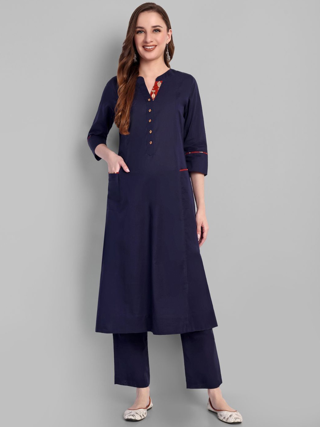 

Mera Rang Women Regular Pure Cotton Kurta with Trousers, Navy blue