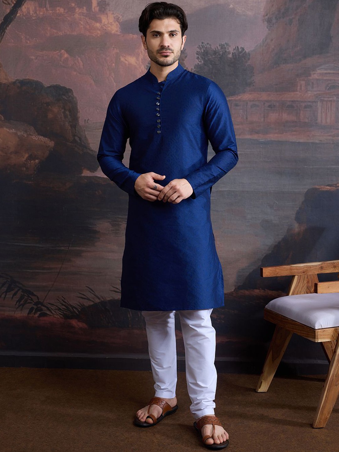 

House of Pataudi Ethnic Motifs Woven Design Mandarin Collar Straight Kurta, Blue