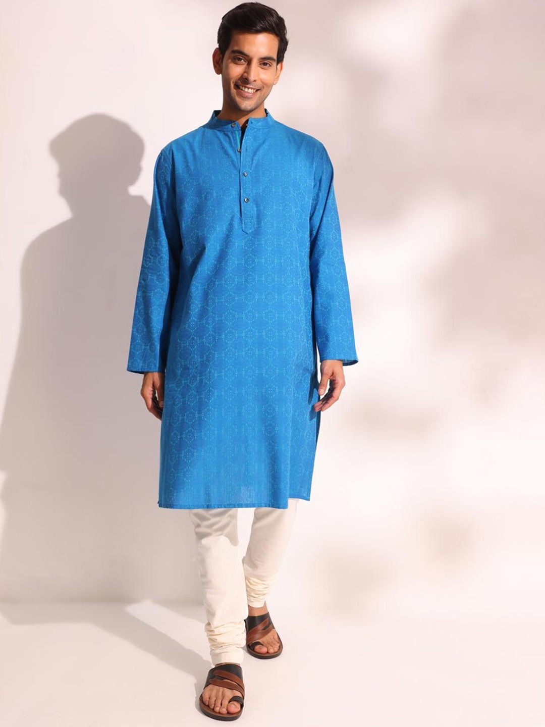 

Fabindia Ethnic Motifs Printed Band Collar Cotton Straight Kurta, Blue