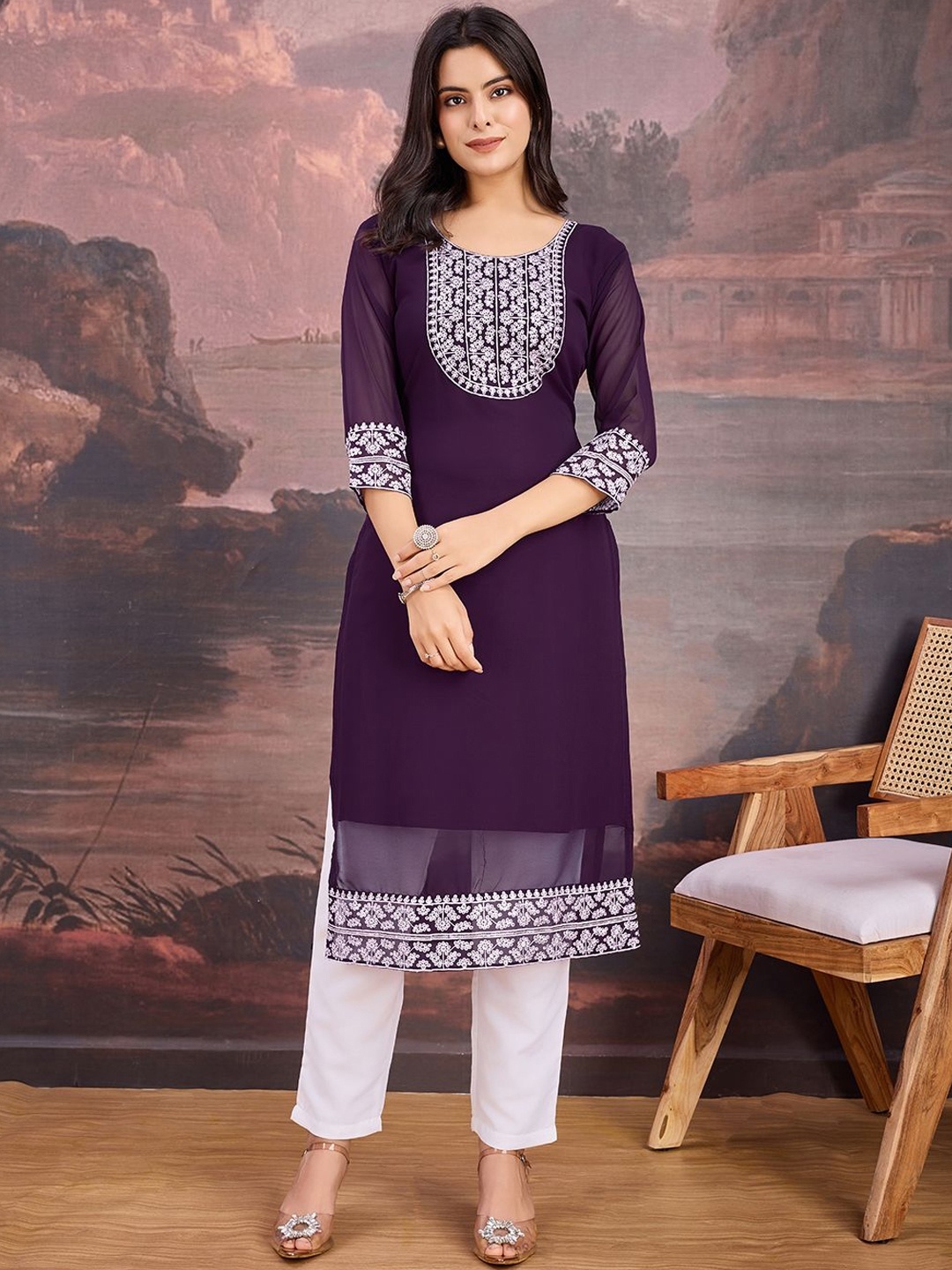 

House of Pataudi Embroidered Straight Kurtas, Purple