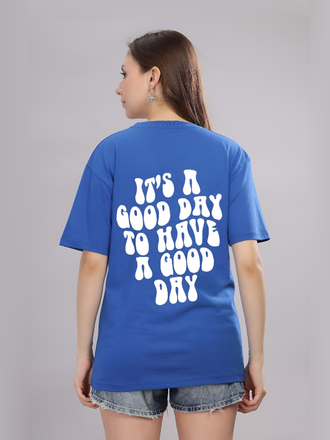 

FALTU.CO Women Printed Drop-Shoulder Sleeves Pure Cotton T-shirt, Turquoise blue