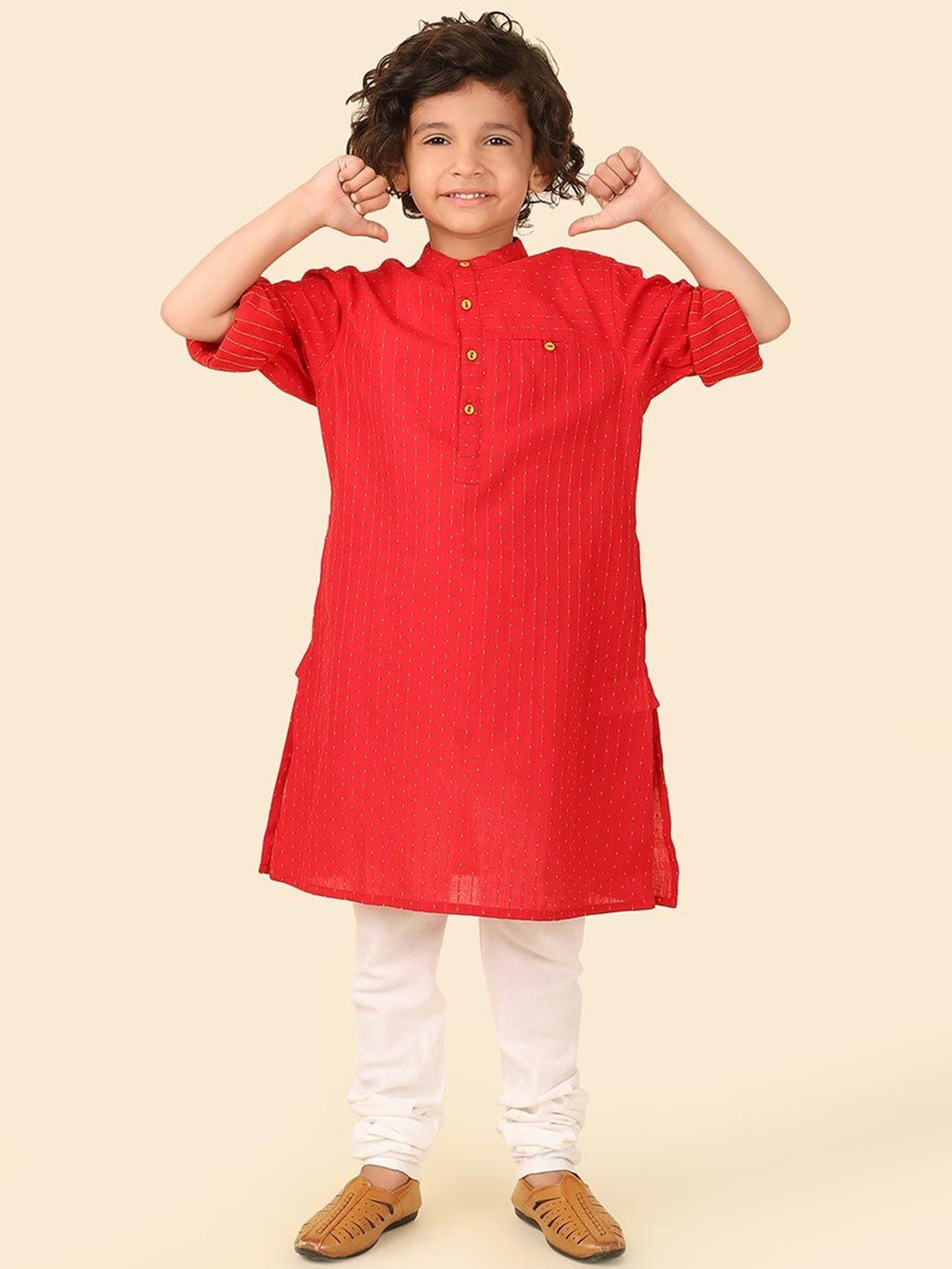 

Fabindia Boys Striped Woven Design Band Collar Cotton Straight Kurta, Red