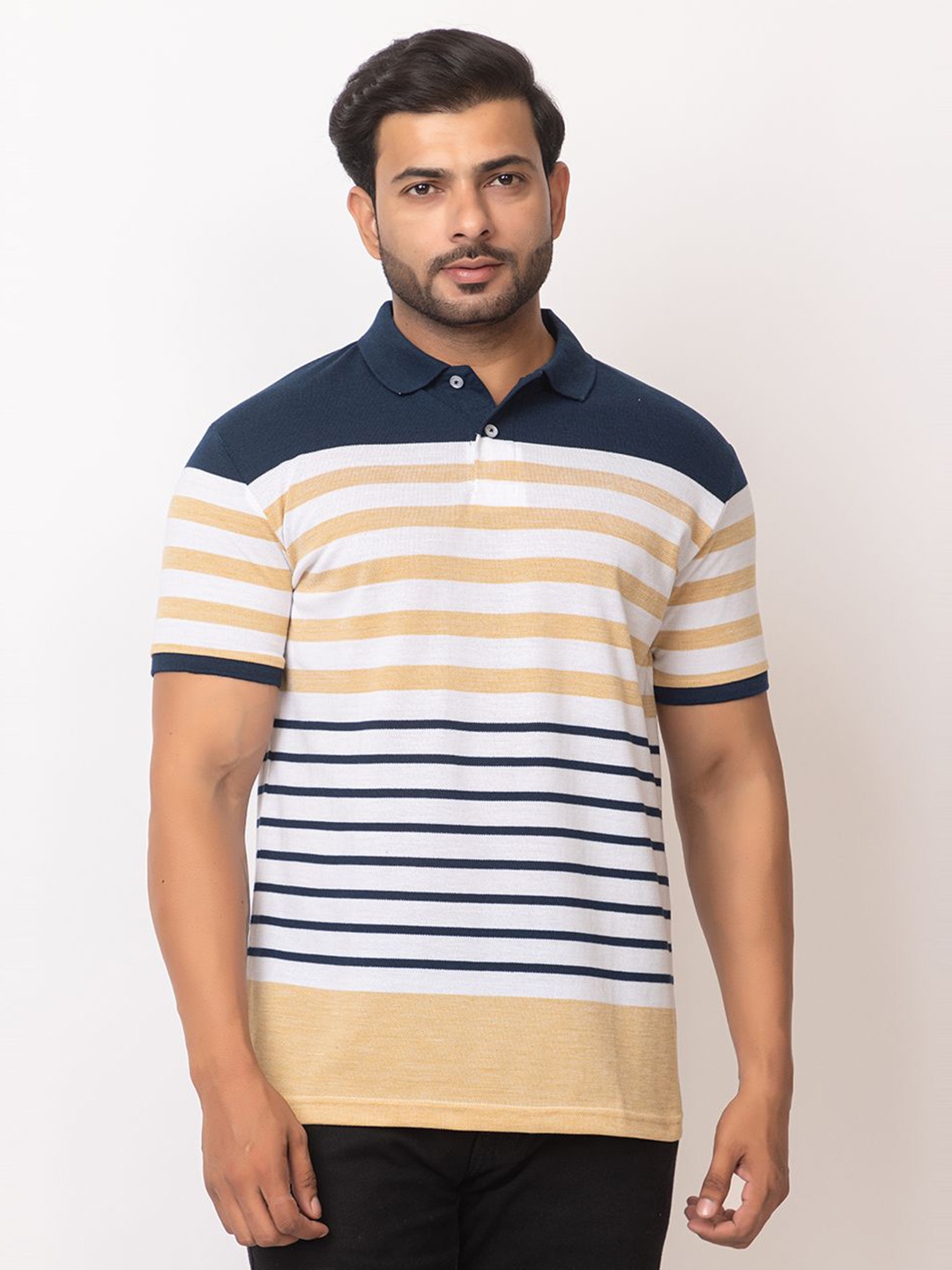 

WILD COPS Men Striped Polo Collar T-shirt, Yellow
