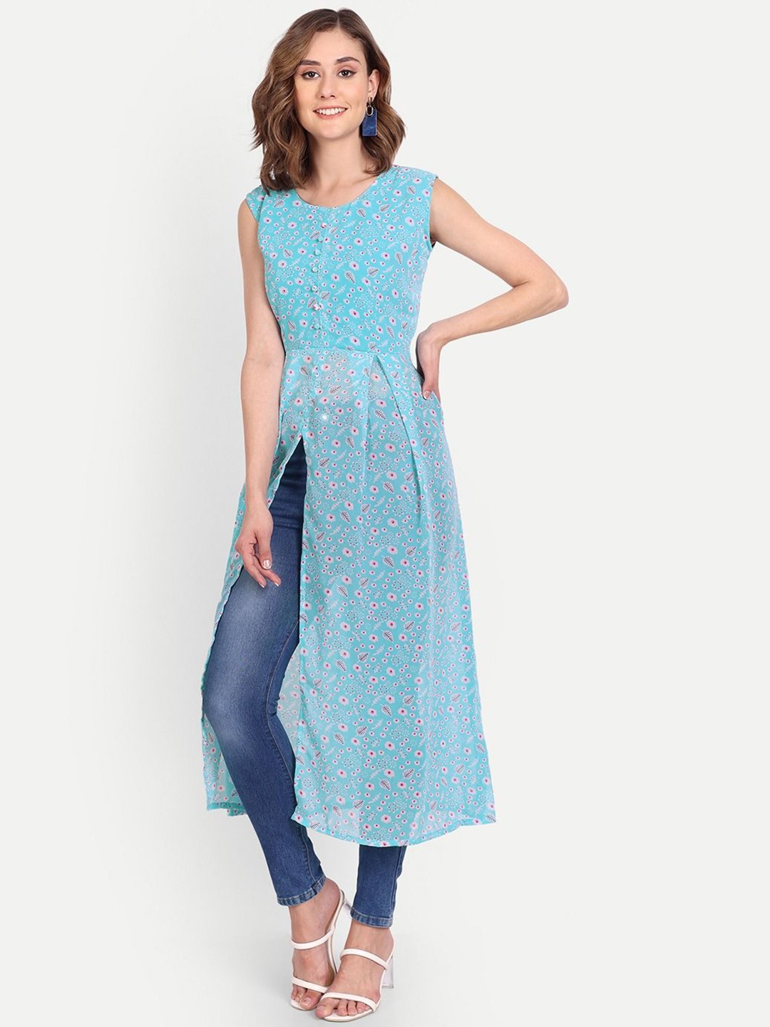 

FANTASY FAB Floral Printed Round Neck A-Line Kurta, Blue