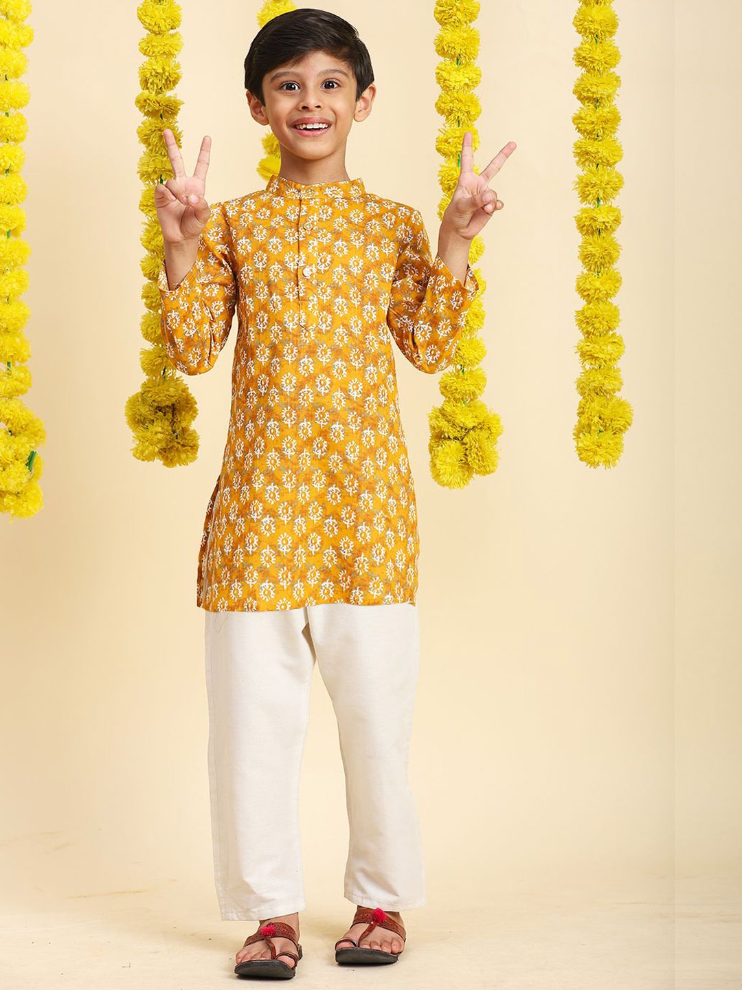 

Cutiekins Boys Ethnic Motifs Printed Mandarin Collar Kurta with Pyjamas, Mustard