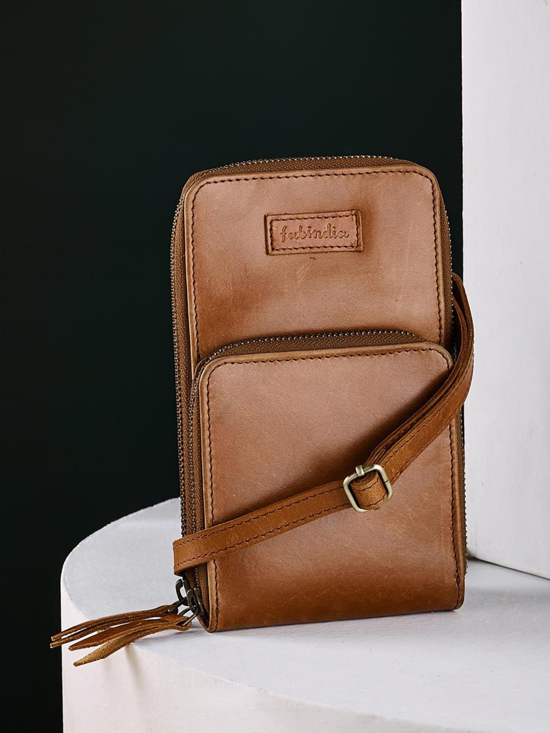 

Fabindia Leather Structured Sling Bag with Cut Work, Brown
