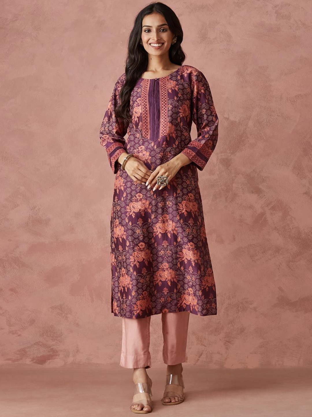 

Fabindia Floral Printed Cotton Silk Straight Kurta, Purple