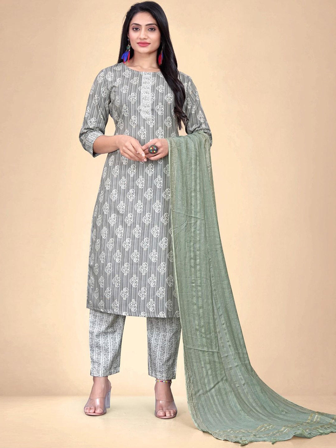 

Abhilasha Women Floral Printed Regular Kurta with Trousers & With Dupatta, Grey