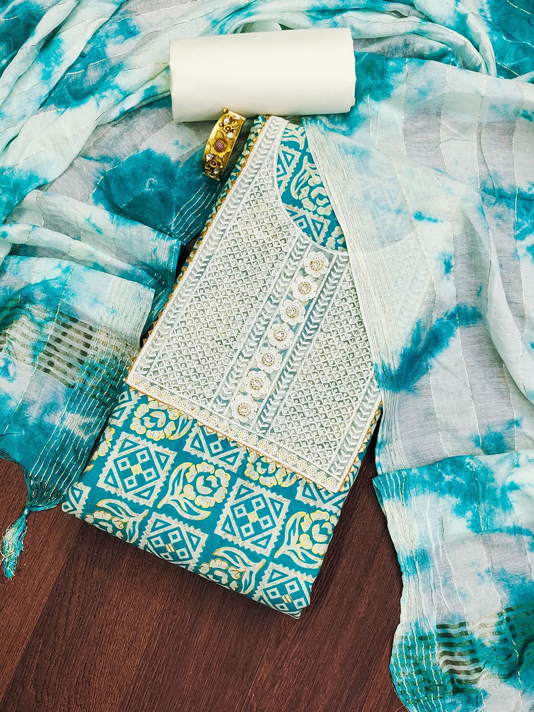 

KALINI Ethnic Motifs Printed Sequinned Pure Cotton Unstitched Dress Material, Blue