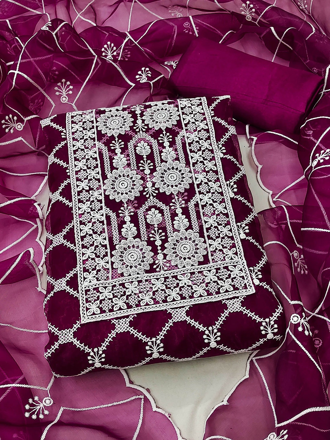 

KALINI Ethnic Motifs Embroidered Organza Unstitched Dress Material, Magenta