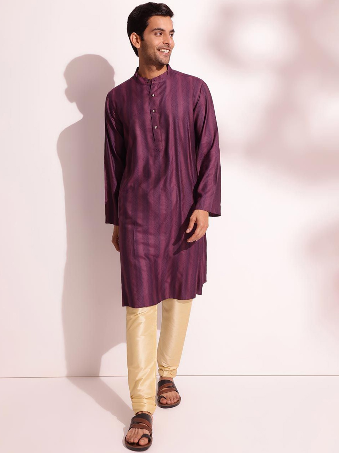 

Fabindia Striped Band Collar Straight Kurta, Purple