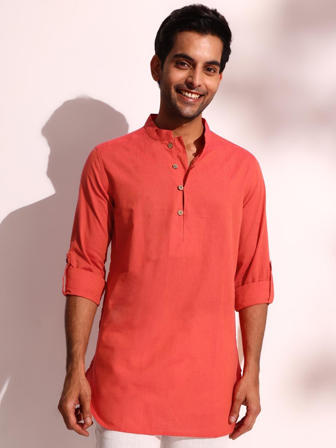 

Fabindia Mandarin Collar Orange Cotton Straight Kurta