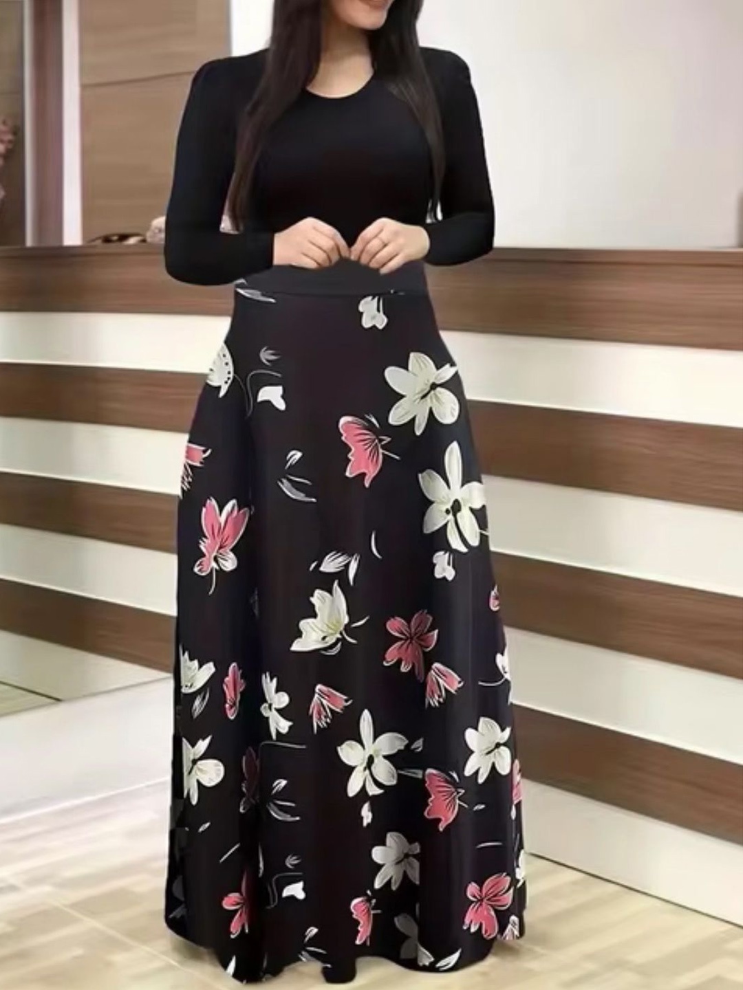 

KPOP Women Floral Printed A-Line Maxi Skirt, Black