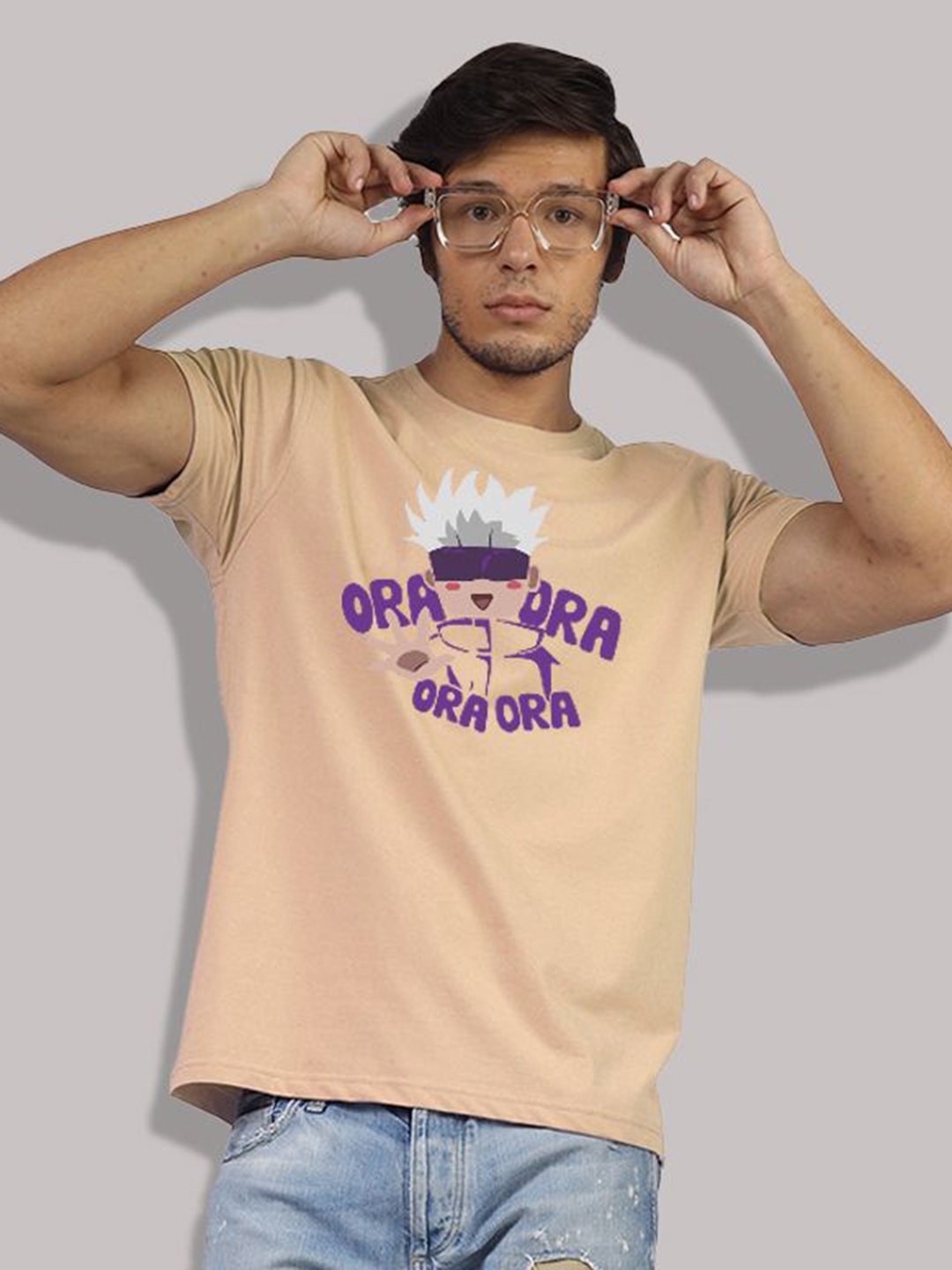 

Greylongg Men Typography Printed Applique T-shirt, Beige
