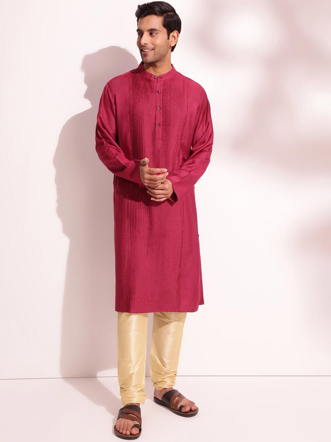 

Fabindia Band Collar Pintucks Straight Kurta, Pink