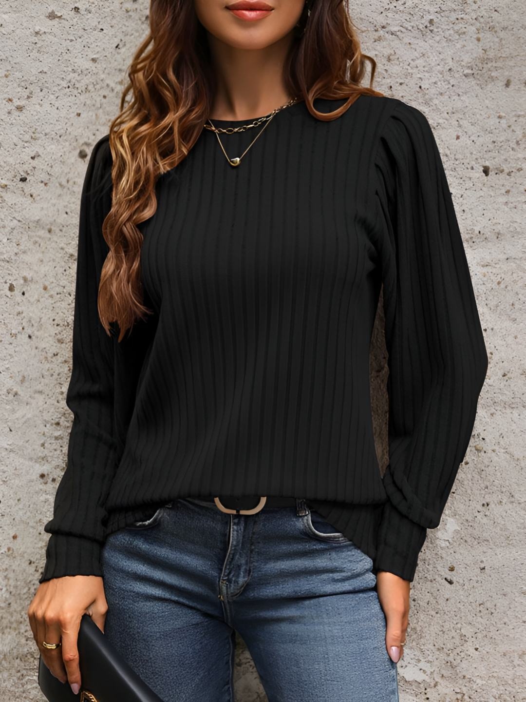 

HERE&NOW Women V-Neck Extended Sleeves Raw Edge T-shirt, Black