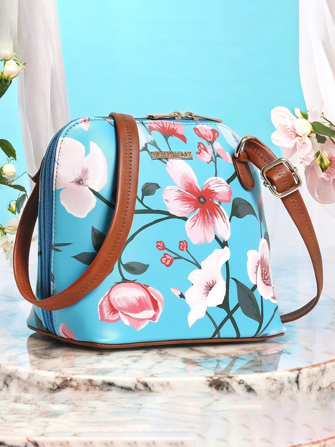 

WOMEN MARKS Floral Printed PU Sling Bag with Applique, Blue