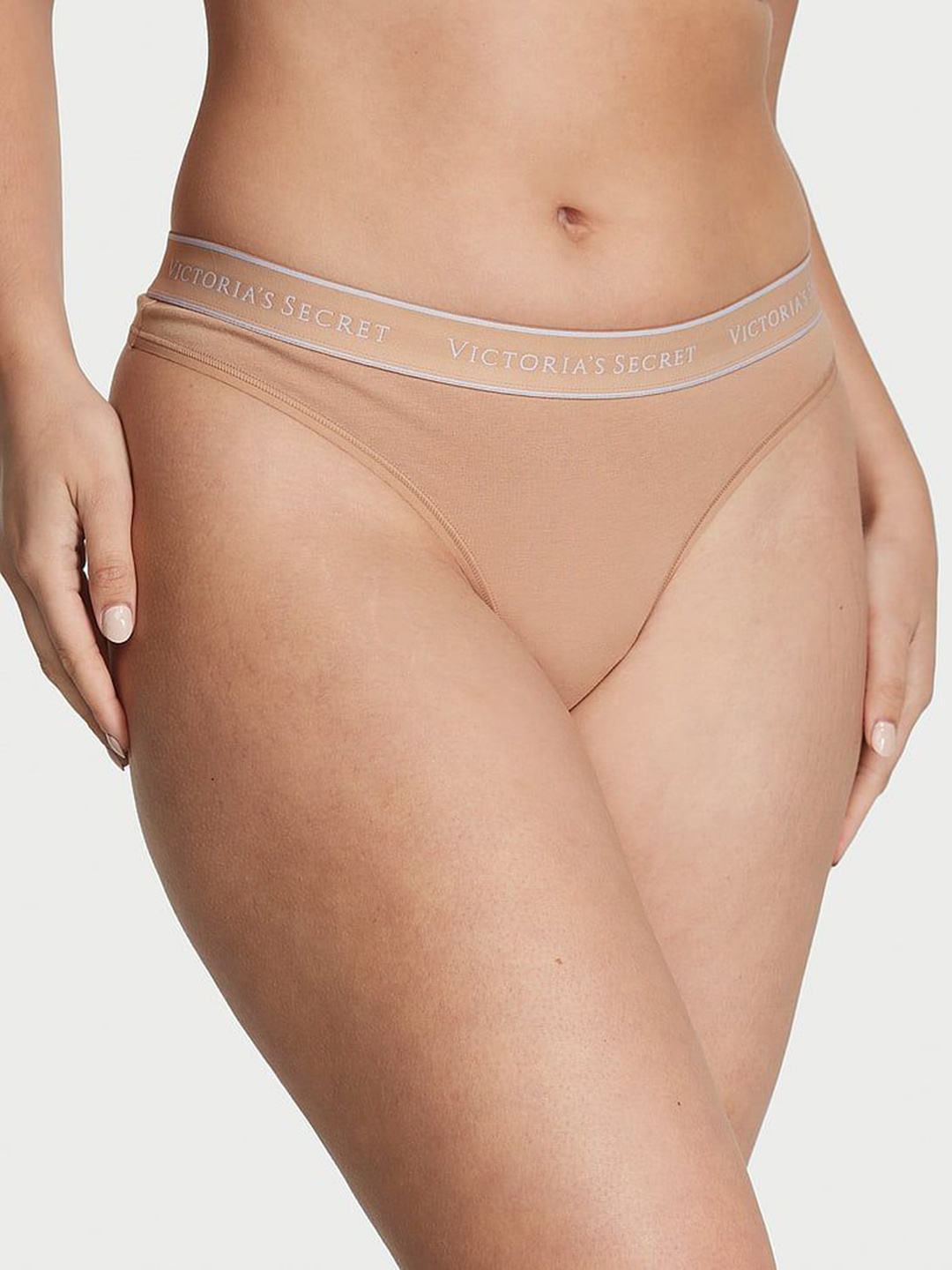 

Victoria's Secret Women Logo Cotton Mid Rise Thong Briefs, Beige