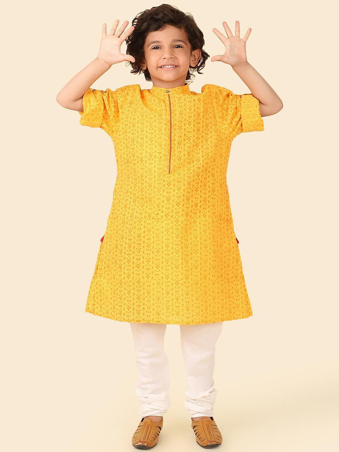 

Fabindia Boys Ethnic Motifs Printed Regular Cotton Straight Kurta, Yellow