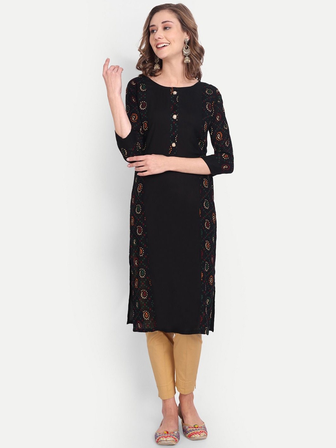 

FANTASY FAB Ethnic Motifs Printed Round Neck Straight Kurta, Black