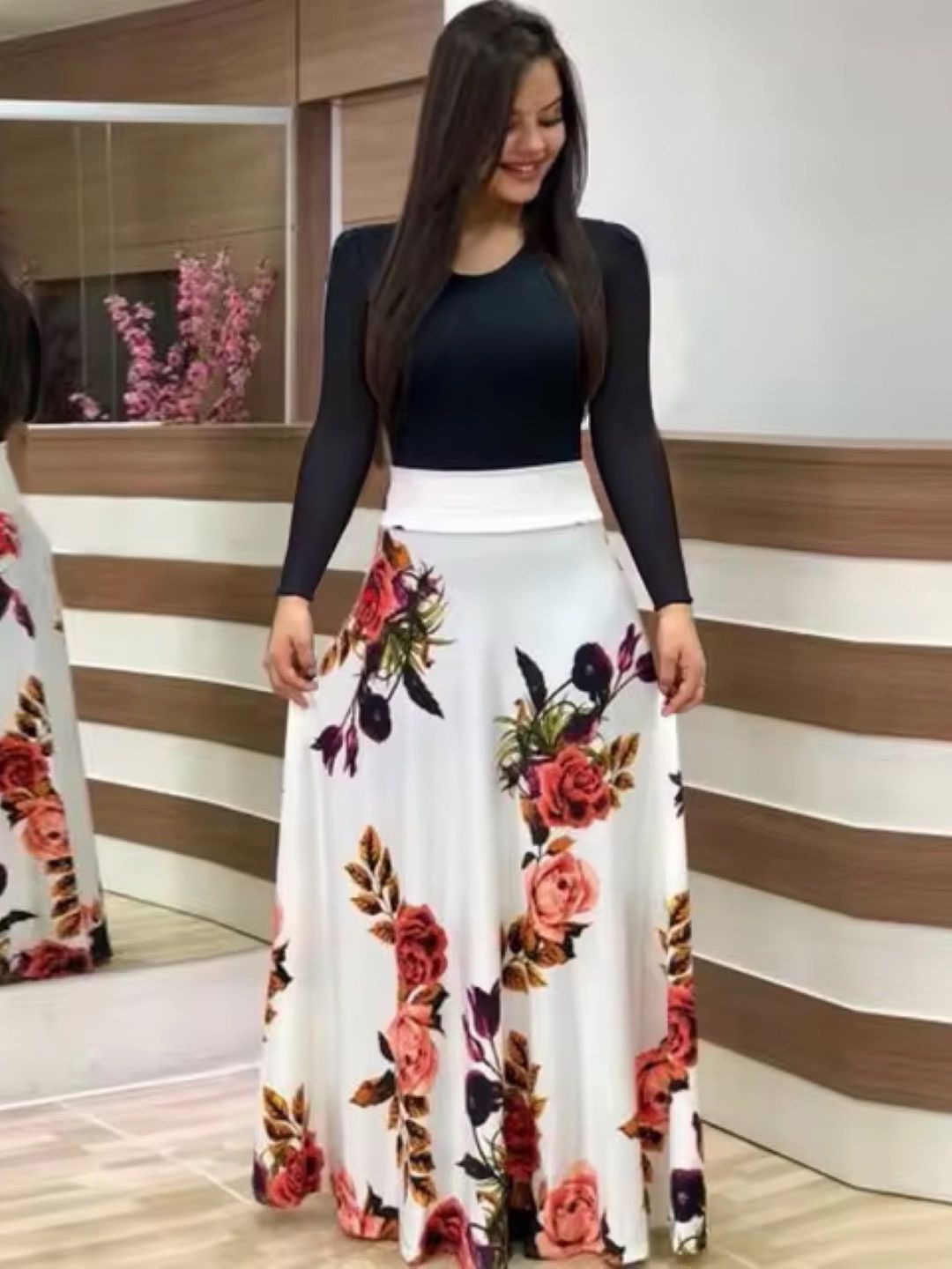 

KPOP Women Floral Printed A-Line Maxi Skirt, White