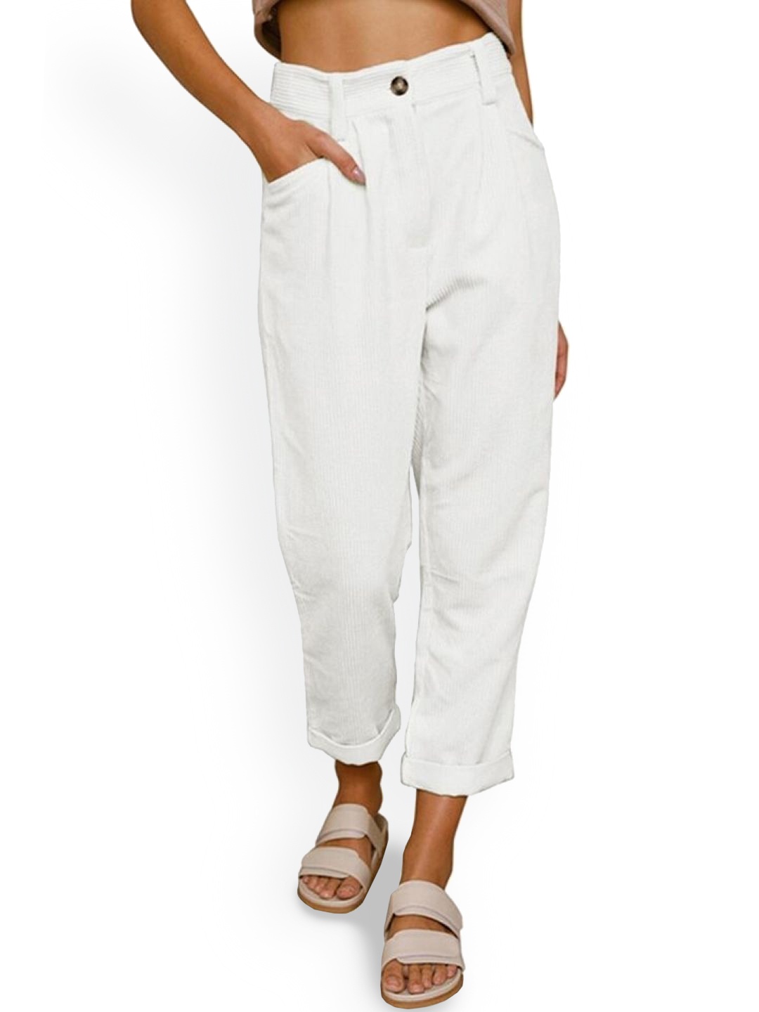 

KPOP Women Original Ribbed Pleated Cropped Trousers, White