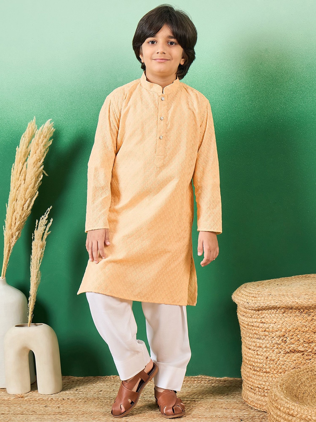 

Sangria Boys Chikankari Embroidered Cotton Kurtas, Beige