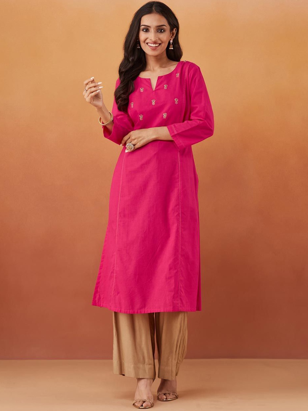 

Fabindia Floral Embroidered Cotton Straight Kurta, Fuchsia