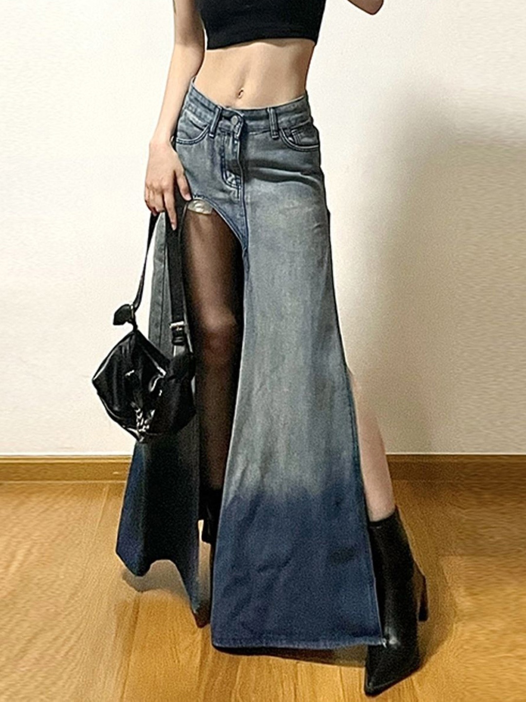 

KPOP Women Solid Flared Front Slit High-Low Maxi Skirt, Blue