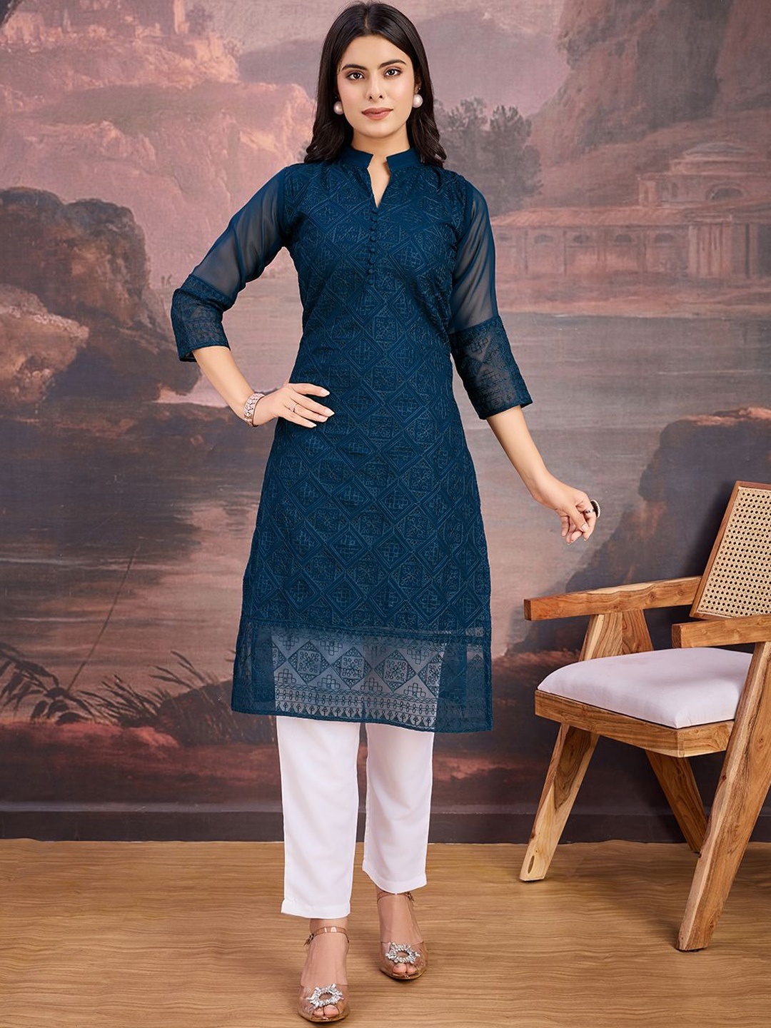

House of Pataudi Floral Embroidered Thread Work Mandarin Collar Straight Kurta, Teal