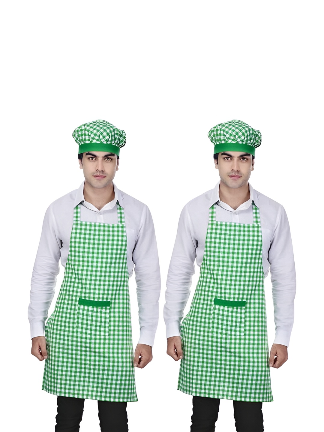 

SWITCHON 2Pcs Green & White Checked Cotton Aprons With Cap