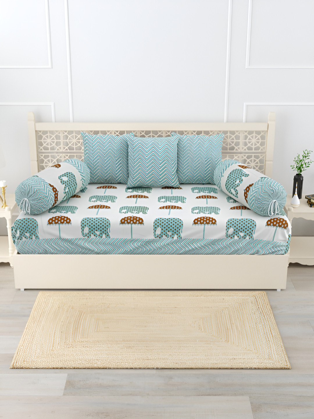

Salona Bichona 6Pcs Blue & Off White Printed Diwan Set