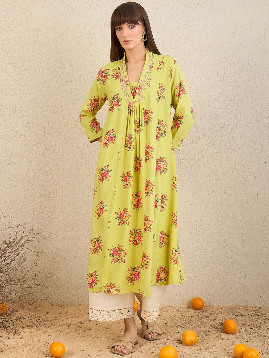 

Indo Era Yellow Floral Embroidered V-Neck Zari Panelled A-Line Kurta