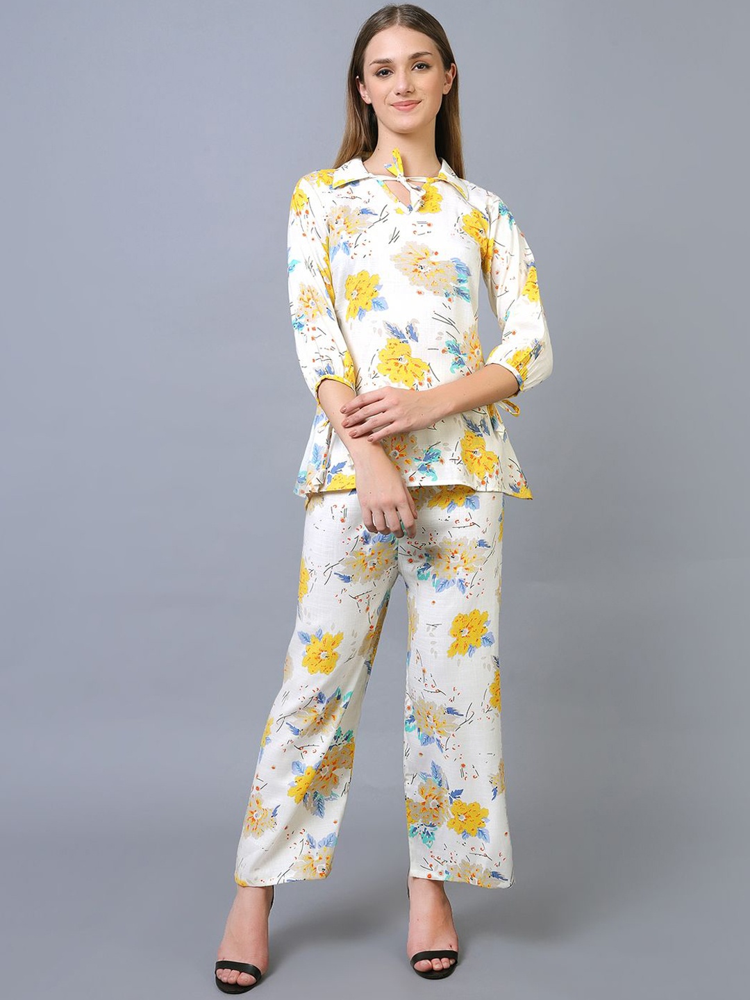 

Xivir Spring Blossom Floral Printed Top With Trousers Co-Ords, White