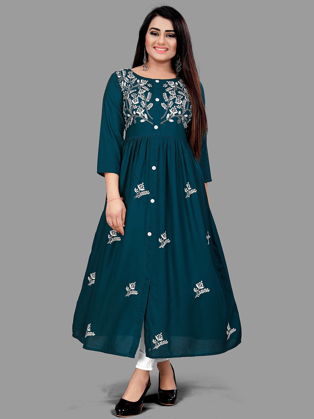 

FANTASY FAB Floral Embroidered Thread Work Anarkali Kurta, Teal