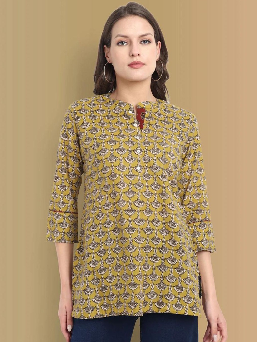 

Mera Rang Ethnic Motifs Printed Mandarin Collar Pure Cotton Straight Kurti, Mustard